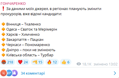 Допис Гончаренка в телеграм