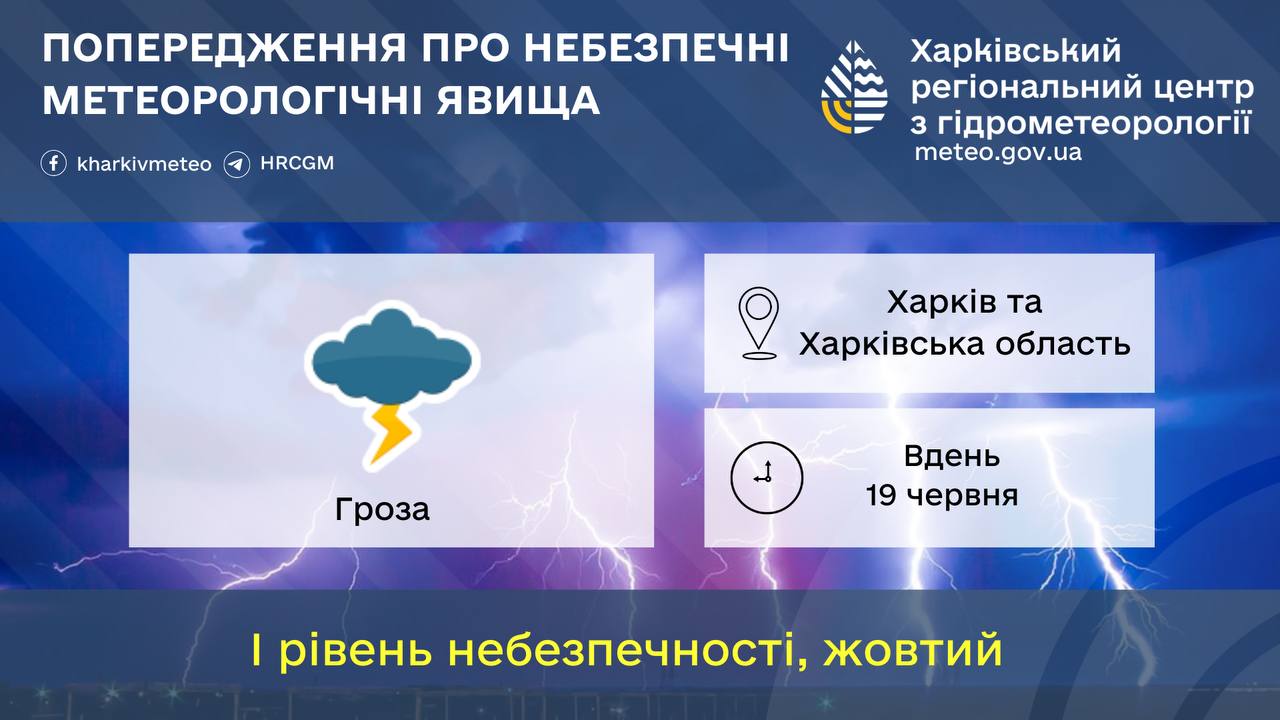 Гроза на Харківщині: оголошено жовтий рівень небезпеки
