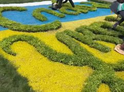 У центрі Харкова оновлюють квіткове панно "Слава Україні"